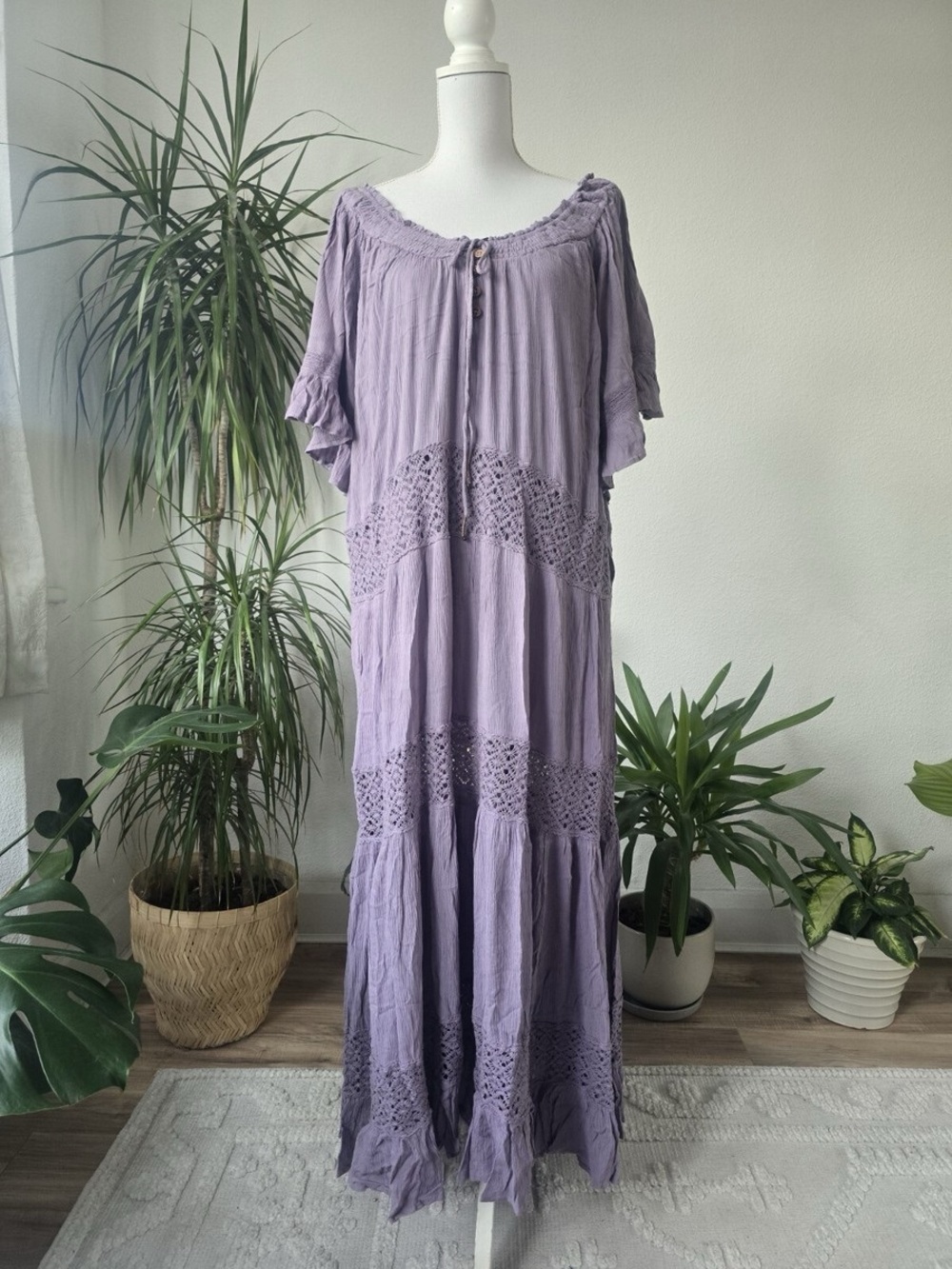 Free People Dream On Lavender Crochet-Trim Maxi Dress Women Size Large Boho